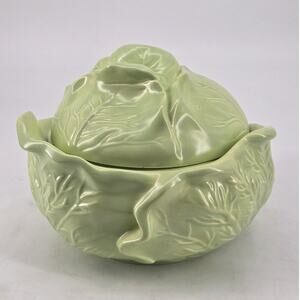 Vintage 80s Whimsical Holland Mold Green Cabbage or Lettuce Bowl with Lid Signed